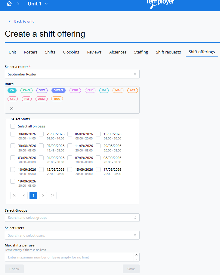 Temployer Core shift offering view