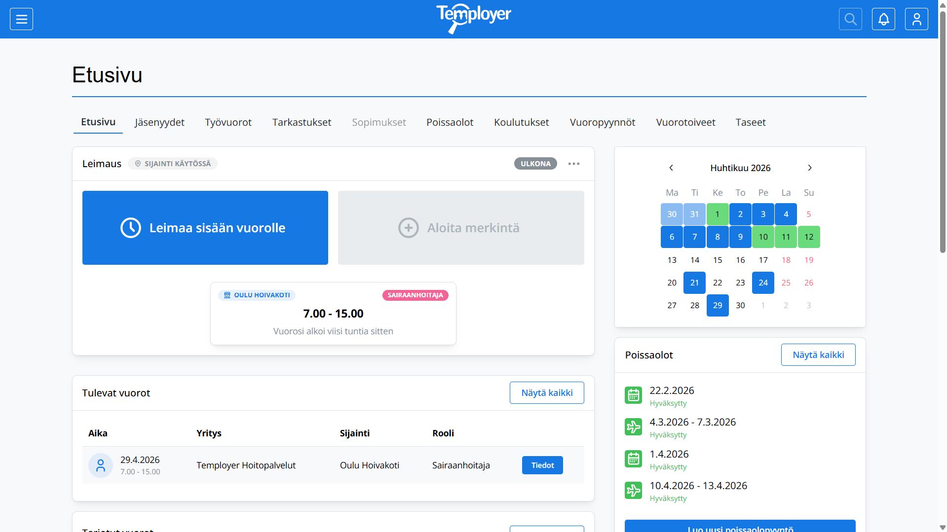 Temployerin työntekijän etusivunäkymä